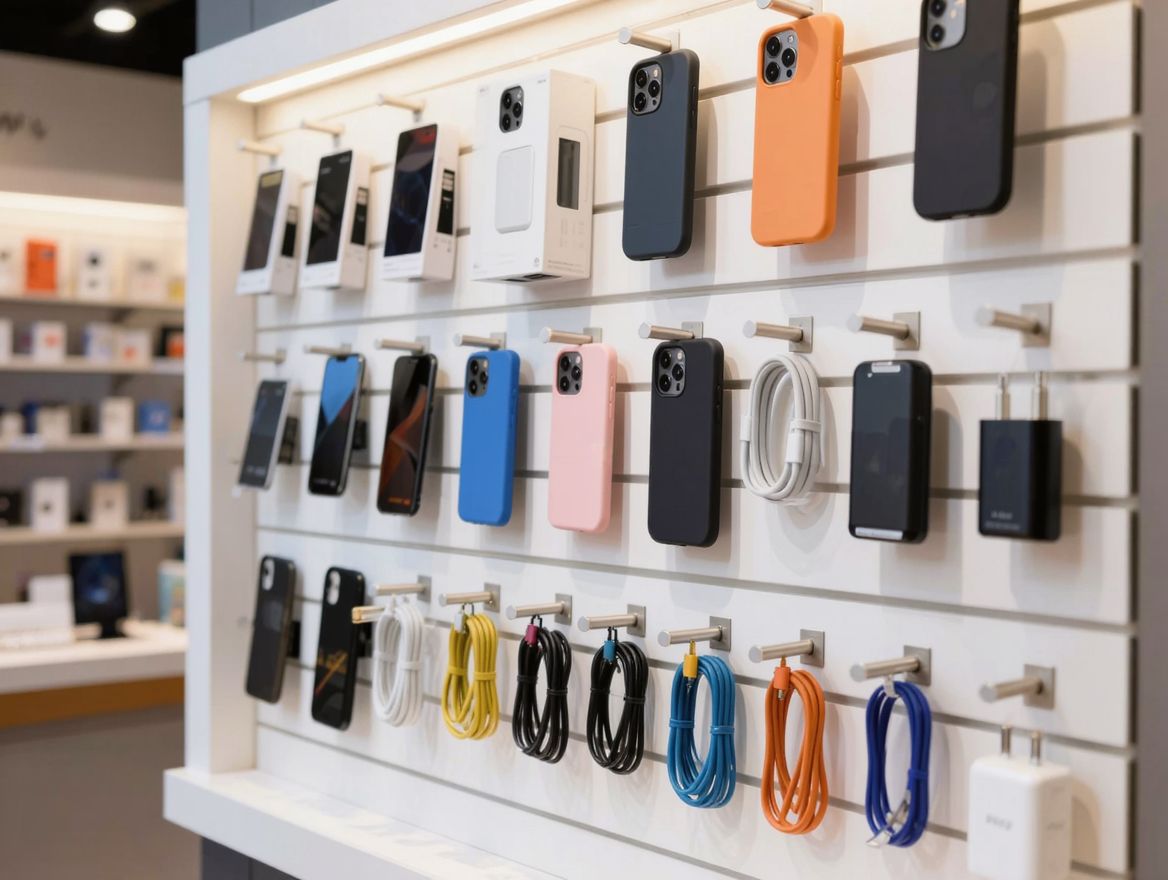 Zubehörwand mit Hüllen und Kabeln im Store